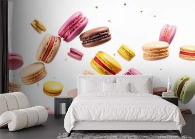 Various colorful of macarons floating on the air isolated on clean png background, Desserts sweet cake concept, with Generative Ai. Wall mural