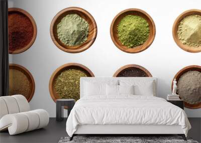 Various of Asian spices and herbs in types of powder and grain inside wooden bowl isolated on transparent png background,  ingredients for cooking concept. Wall mural