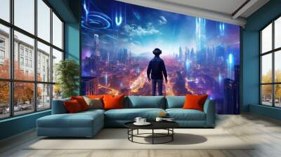 Virtual reality technology world background with VR or AR headset glasses, cyber space futuristic scene, playing virtual game world concept, digital science fiction, with Generative Ai. Wall mural