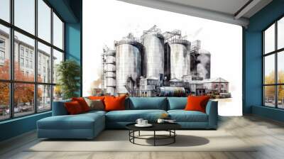 Watercolor drawing paint of industry zone, refinery power plant energy station for stored, petrochemical industrial, factory food processing plant isolated on white background, with Generative AI. Wall mural