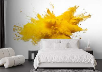 Yellow color powder explosion splash with freeze isolated on background, abstract splatter of colored dust powder. Wall mural