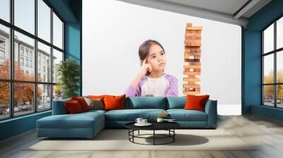 cute girl asia building wood blocks. Wall mural