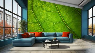 Green leaf macro background. Beautiful nature backdrop. Close up of textured. Environment and ecology concept, space for your design Wall mural