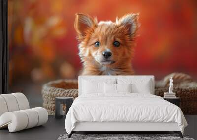 Adorable fluffy puppy sitting in a woven basket with autumn foliage background, showcasing the essence of fall and cuteness combined. Wall mural