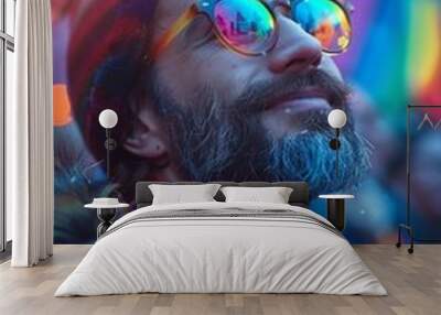 Man with colorful scarf and beanie, reflecting rainbow on sunglasses, looking up in an outdoor festive setting. Wall mural