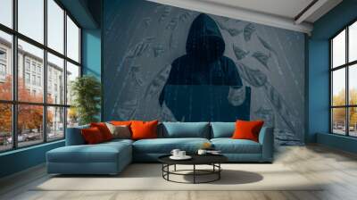 The hacker was wearing a black hoodie. Stealing huge financial data on computers with binary code digital interface and lots of falling dollars and lying on the table.Hacking and malware concept. Wall mural