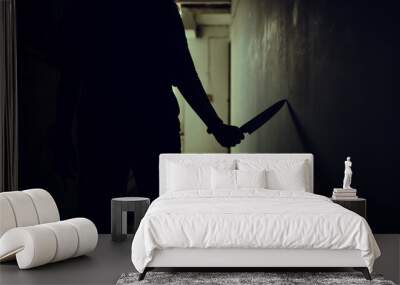 The shadow of a female murderer stood terrifyingly holding a knife and lit from behind.Scary horror or thriller movie mood or nightmare at night Murder or homicide concept. Wall mural