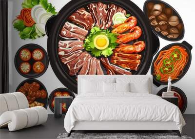 Top view of 32bit of Korean BBQ in a vector cartoon style, isolate white background Wall mural