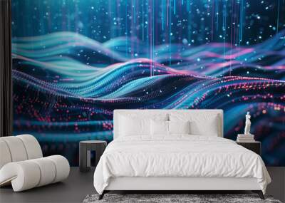 Abstract Digital Landscape with Flowing Blue Data Waves Wall mural