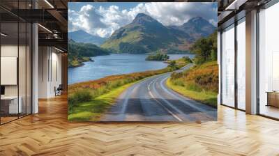 Serene Summer Drive on The North Coast 500 Scotland - Scenic Route through Rugged Highlands with Lochs, Mountains, and Cloudy Sky Wall mural