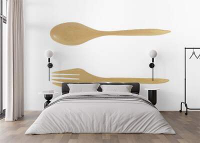 Wooden spoon and fork isolated on white background Wall mural