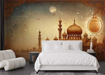  Mosque, islamic congratulation card. Aid, Ramadan, Curban celebration banner with place fot text. AI generated Wall mural