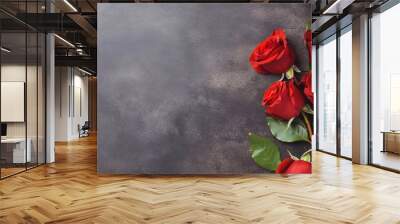 Bouquet of red roses flowers on background. Valentine's Day, Easter, Birthday, Happy Women's Day, Mother's Day. Top view, copy space. AI generated Wall mural