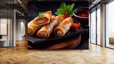 Chinese spring rolls on dark background with AI generation Wall mural