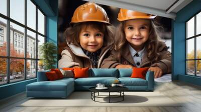 Two kids engineers wearing in form and helms on dark background. Labor day concept. AI generated Wall mural