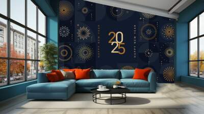 2025 New Year banner with abstract golden fireworks and numbers on dark night background. Template for greeting card with geometric pattern background,great for cover, print, poster, web. Vector Wall mural