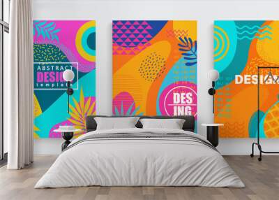 Abstract summer cards,banners,flyers with spotty pattern of geometric figures,line,wave,dot in trendy memphis style.Fluid shapes in summertime backgrounds.Template for design,sales,social media,web. Wall mural