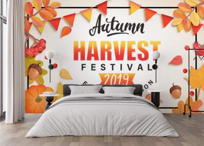 autumn harvest festival banner for fall fest 2019.background with place for text surrounded by seaso Wall mural