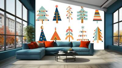 Big set of hand drawn christmas trees with toys in Scandinavian style. Xmas isolated cozy decor elements. Template for print, wishing,design,leaflets, posters, business cards, web.Vector illustration. Wall mural