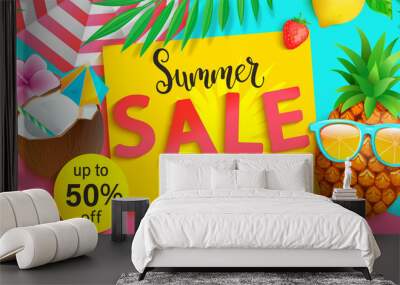 Bright Sale banner for summer 2020. Hipster pineapple invites to big discounts in hot season, poster with tropical leaves,cocktail, sun umbrella on two colors geometric background.Vector Illustration. Wall mural