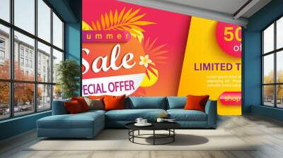 Hot Summer Sale banner, special offer, up to 50 percent limited time discount, promotion,season promo with tropical leaves,sun umbrellas.Invitation for shopping, template for design,flyer.Vector Wall mural