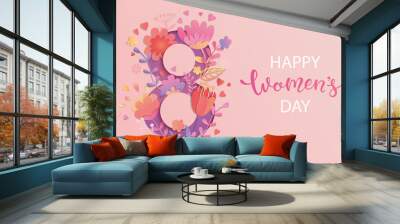 International Women's Day. Banner, flyer for March 8 decorating by paper flowers and hand drawn lettering. Congratulating and wishing happy holiday card for newsletter, brochures, postcards. Vector. Wall mural