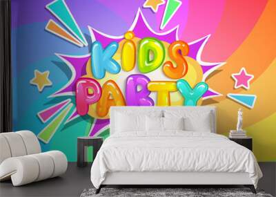 Kids party banner on rainbow swirl spiral background in cartoon style. Place for fun and play, kids game room for birthday party. Poster for children's playroom decoration. Vector illustration. Wall mural