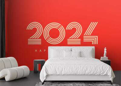 Modern banner for 2024 happy new year. Numbers from linear lines with wishing on red background. Minimalistic design, template for flyer,web, cover,calendar,web,presentation,print.Vector illustration Wall mural