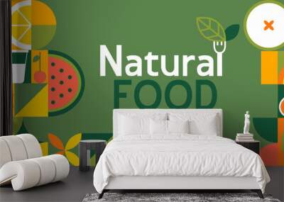 Natural food banner in flat style. Fruits and vegetables in simple geometric shapes.Great for flyer, web poster, natural products presentation templates, cover design. Vector illustration. Wall mural