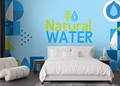 Natural water,horizontal geometric banner in flat style.Drink more water.Geometry minimalistic water drops,simple shapes of wave,leaf,drop.Great for flyer,web poster,templates,cover design.Vector . Wall mural