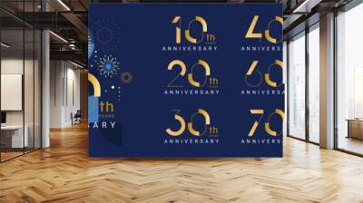 Set of anniversary logo for every decade with template for anniversary 50 years.Card with golden fireworks and numbers.Design for web,poster,banner,flyer,party,wedding,greeting card,invitation.Vector Wall mural