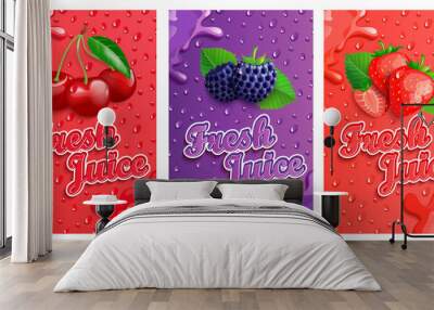 Set of blackberry, cherry and strawberry fresh juice banner with splash. Template for brand, label, emblem, store, packaging, advertising, poster.Vector illustration of healthy juicy vitamin drink. Wall mural