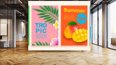 Set of summer flyers,cards with tropical themes ans fruits.Bright and gentle hot season banners and posters.Watermelon,coconut,mango and tropical leaves for advertise.Template for design,vector. Wall mural