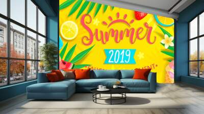 summer banner with symbols for summertime such as ice cream,watermelon,strawberries,glasses.hand dra Wall mural