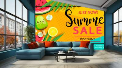 Super sale flyer with gourmet food to summer time such as ice cream,watermelon,strawberries.Vector illustration template and banners, wallpaper,flyer,invitation, poster,brochure,voucher discount. Wall mural