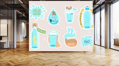 Water set, collection of stickers, icons.Drink more, hydrate or diedrate. Full bottle and glass, splash and water drop with text. Hand drawn cute vector illustartion. H2O for health. Wall mural