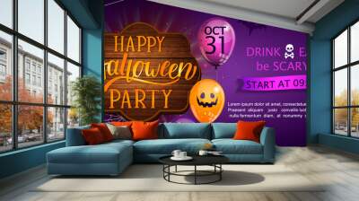 Welcome Banner for Happy Halloween party with lettering on wooden board and monster balloons. Invitation and greeting card with spider and bat for web, poster, placard, flyers. Vector illustration. Wall mural