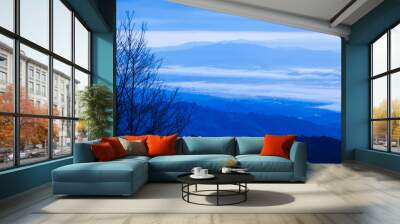 Fantastic blue clouds and sunrise sky over blue mountain range. Wall mural