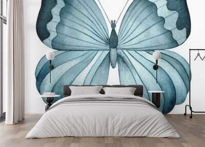 Butterfly, blue illustration painted in watercolor on a white background. The color scheme is monochrome in a shade of indigo. Ideal for printing on greeting cards and various decor  Wall mural