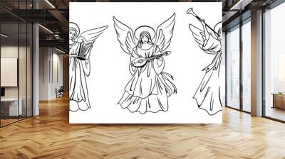 Set of three hand drawn angels playing instruments. Vector outline design. Wall mural