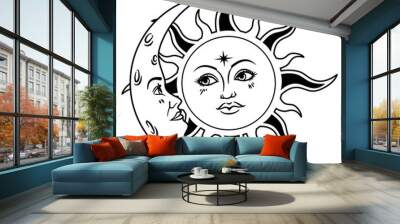 sun and moon vintage design. Vector outline illustration. Wall mural