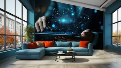 Businessman holding tablet with hologram glowing digital network connection to global data for concept business technology. Wall mural