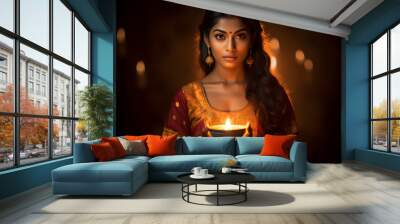 Beautiful fictional indian girl, holding diwali candle, Hindu festival of light, red and orange dress Wall mural