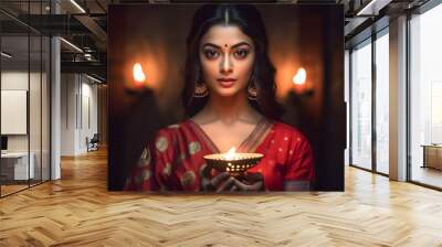 Beautiful fictional indian girl, holding diwali candle, Hindu festival of light, red dress Wall mural