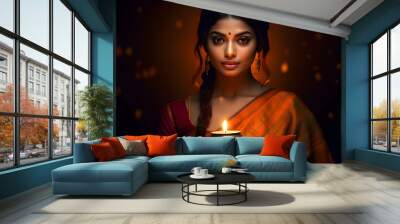 Beautiful fictional indian girl, holding diwali candle, Hindu festival of light, traditional orange and red sari dress Wall mural