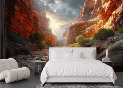 Canyon Adventure, Hiking trails winding through majestic canyon walls, capturing the spirit of exploration and adventure Wall mural