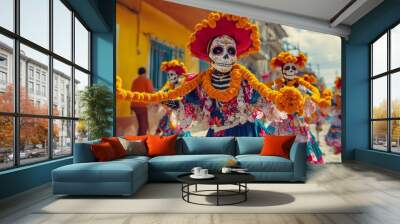 Festive Day of the Dead celebration in a Mexican village, with participants dressed in traditional costumes and marigold garlands, dancing and enjoying the vibrant atmosphere Wall mural