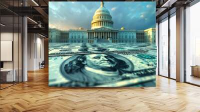 Fiscal Policy Projections, Illustrate the economic forecast for fiscal policies such as government spending, taxation, and budget deficits with images of government officials, budget discussions Wall mural