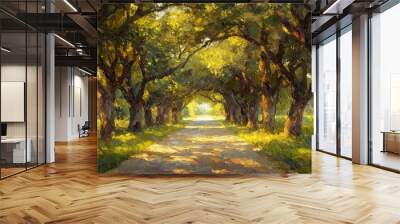 Serene road under a canopy of oak trees, oil painting style, rich earth tones, textured brushstrokes, pastoral beauty Wall mural