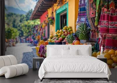 Vibrant Mexican street market filled with colorful traditional textiles, fruits, and spices, under a bright sunny sky Wall mural